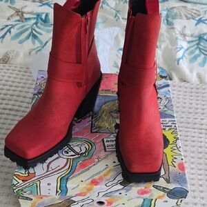 Jeffrey Campbell Red Chunky Heel Ankle Boots